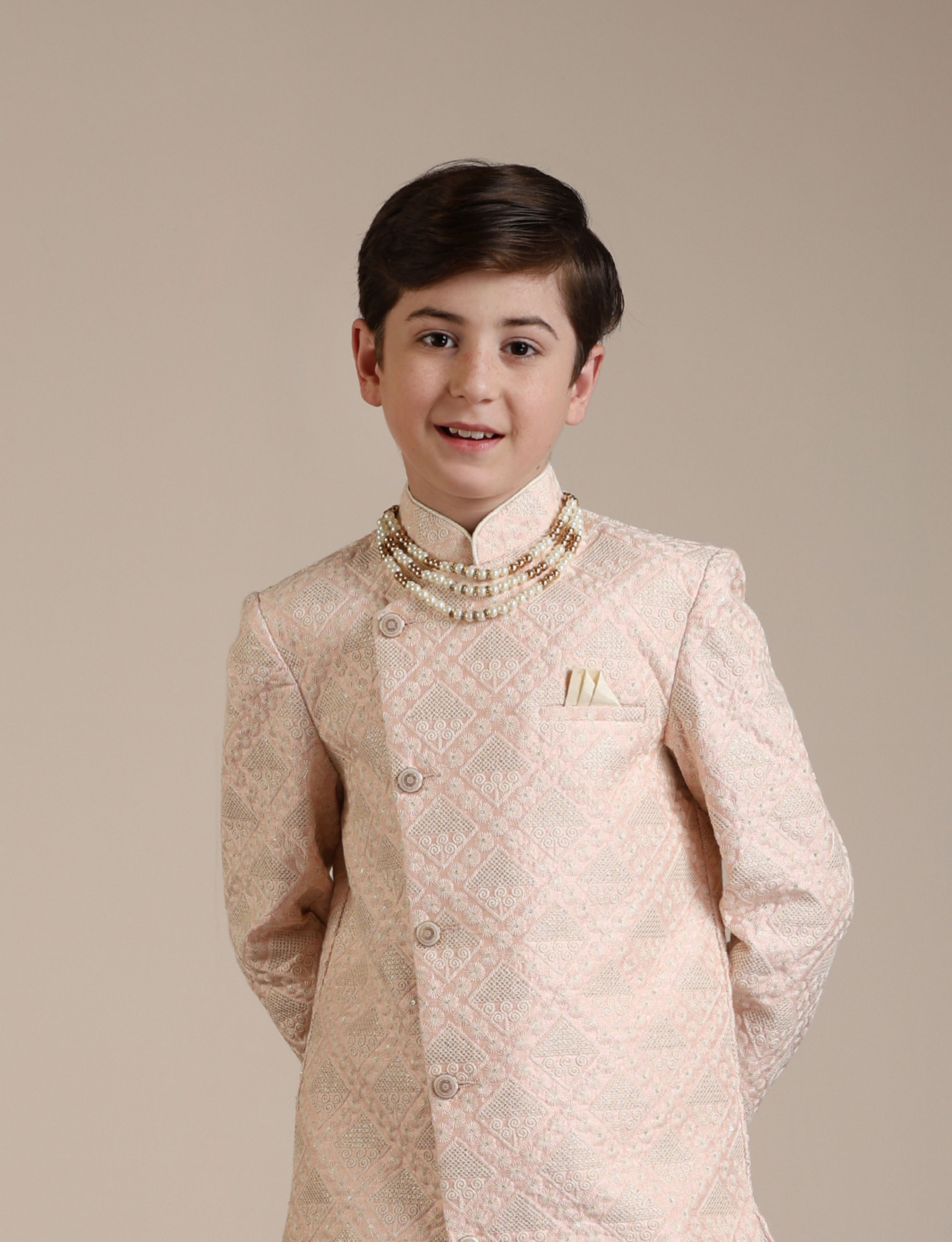 Manyavar Boys Boys Shell Pink Geometric Patterned Indo Western Set