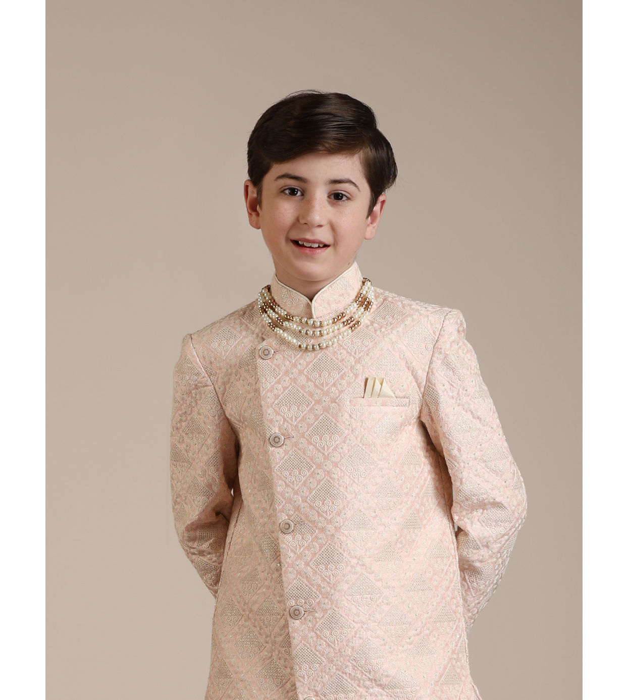 alt message - Manyavar Boys Boys Shell Pink Geometric Patterned Indo-Western Set image number 0