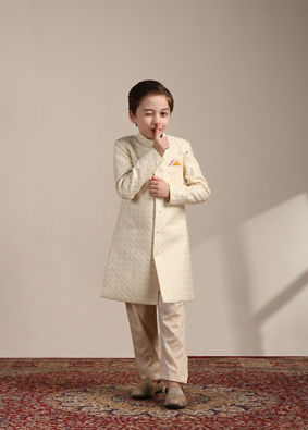 Boys Cream White Scallop Patterned Sequined Indo Western Jacket image number 2
