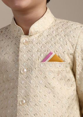 Boys Cream White Scallop Patterned Sequined Indo Western Jacket image number 1