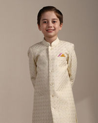 Manyavar Boys Boys Cream White Scallop Patterned Sequined Indo Western Jacket