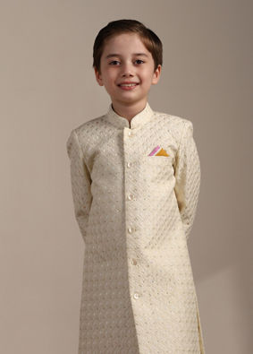 alt message - Manyavar Boys Boys Cream White Scallop Patterned Sequined Indo Western Jacket image number 0