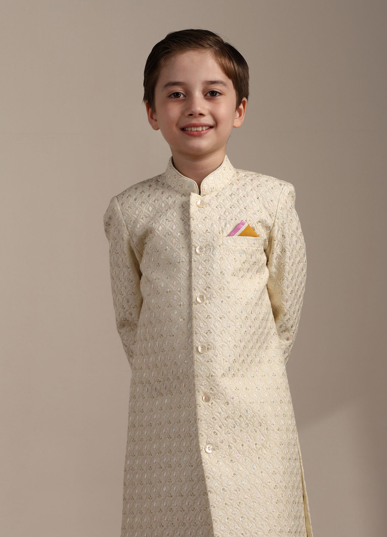 Manyavar Boys Boys Cream White Scallop Patterned Sequined Indo Western Jacket