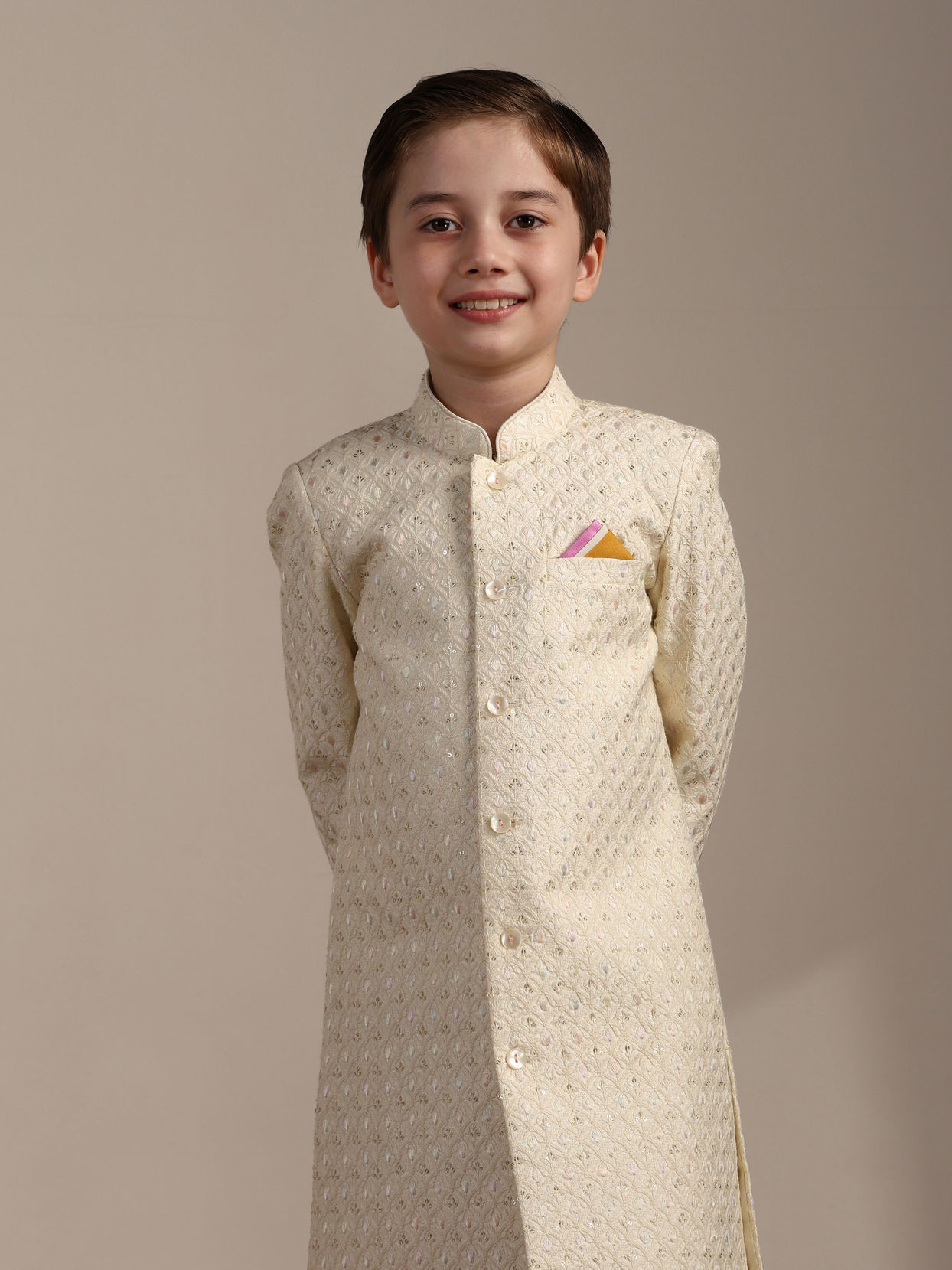 Boys Cream White Scallop Patterned Sequined Indo Western Jacket image number 0