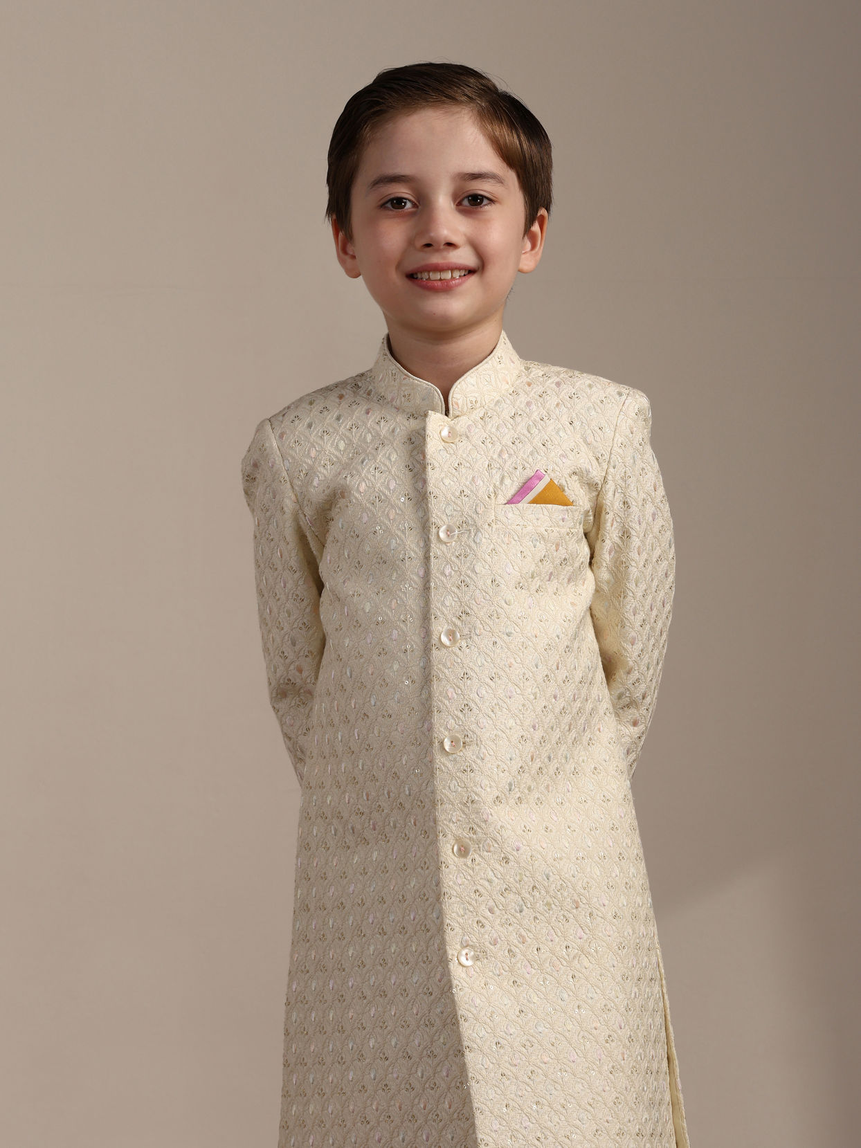 Manyavar Boys Boys Cream White Scallop Patterned Sequined Indo Western