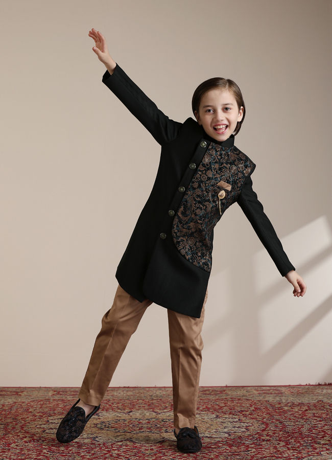 Manyavar Boys Boys Dark Green Bel Buti Patterned Achkan Style Indo Western Set