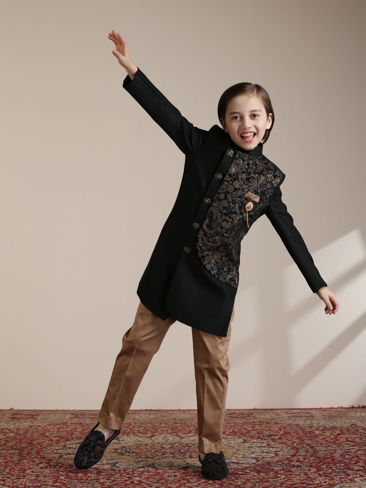 Manyavar Boys Boys Dark Green Bel Buti Patterned Achkan Style Indo Western Set