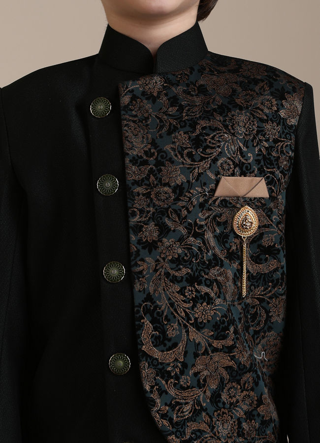 Manyavar Boys Boys Dark Green Bel Buti Patterned Achkan Style Indo Western Set