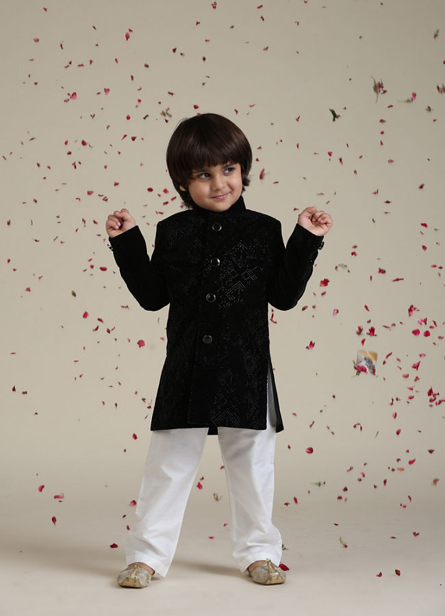 Manyavar Boys Velvety Black Boys Indo Western
