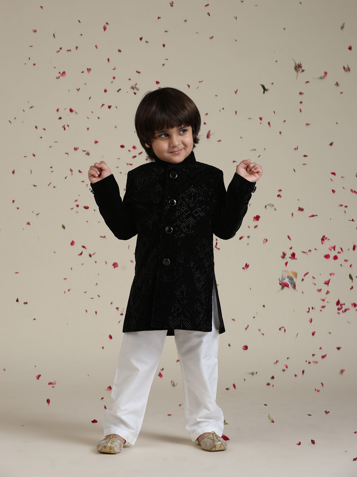 Manyavar Boys Velvety Black Boys Indo Western