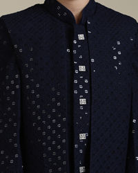 Manyavar Boys Boys Navy Blue Embroidered Indo Western Set with Sequin Work