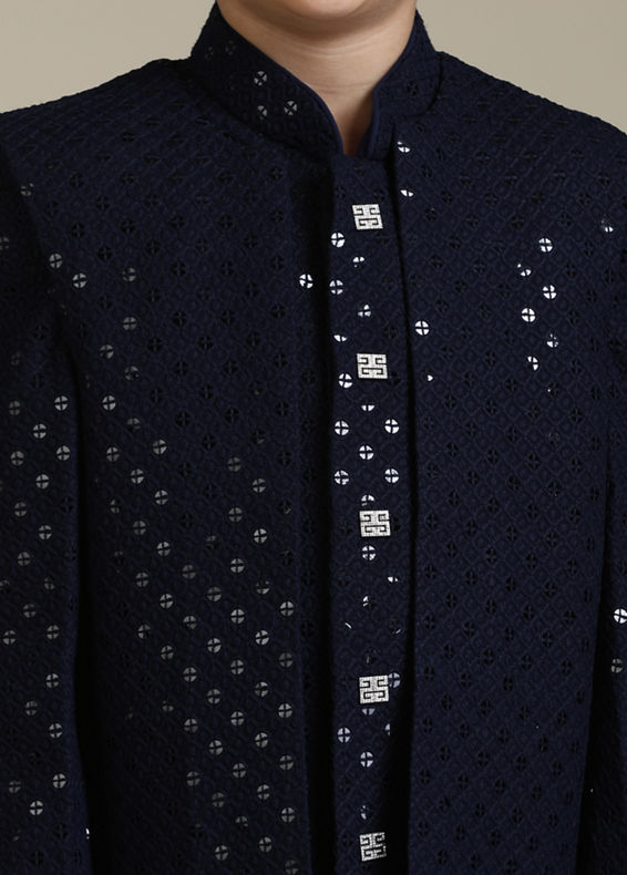 Manyavar Boys Boys Navy Blue Embroidered Indo Western Set with Sequin Work