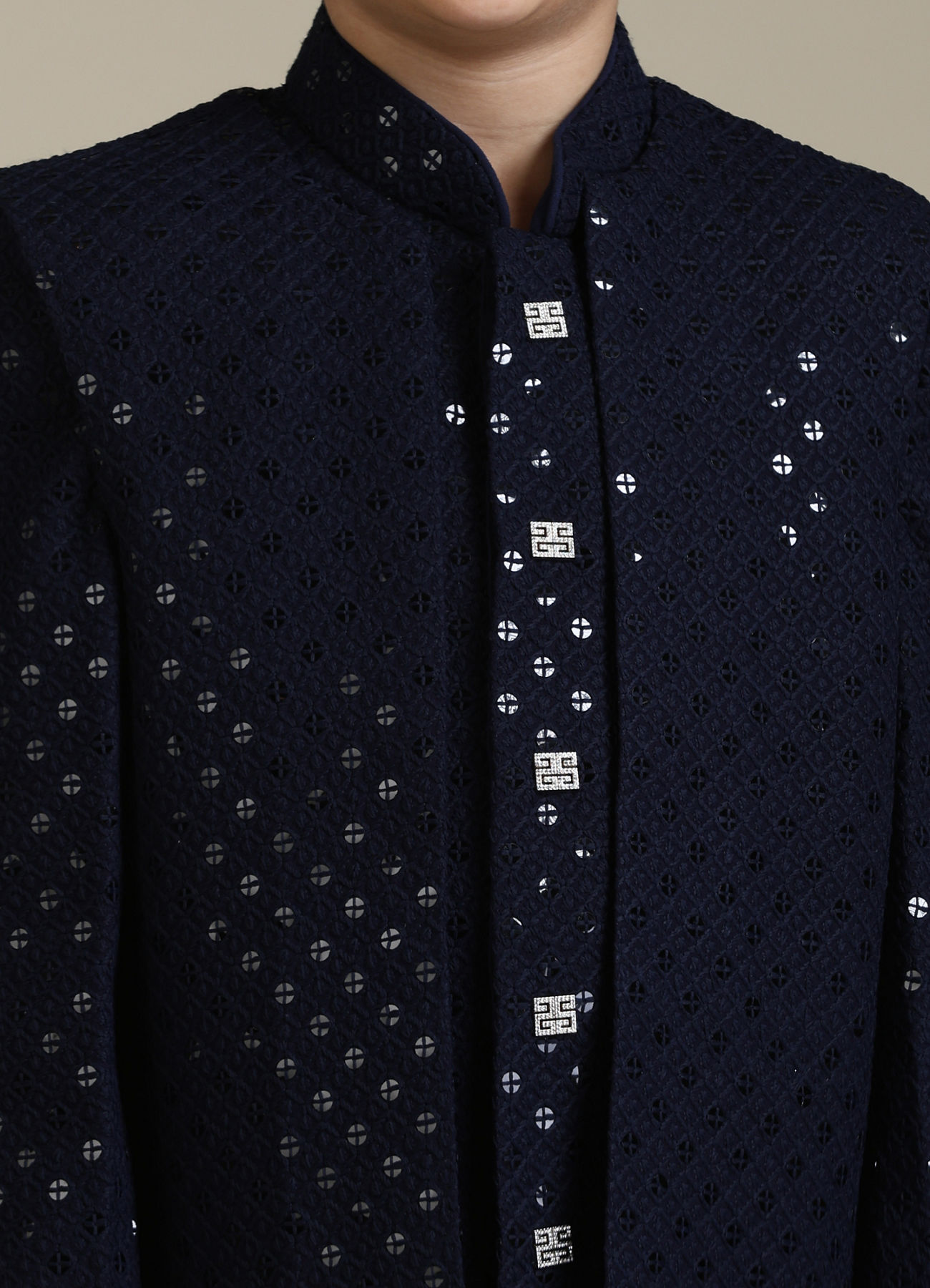 Manyavar Boys Boys Navy Blue Embroidered Indo Western Set with Sequin Work
