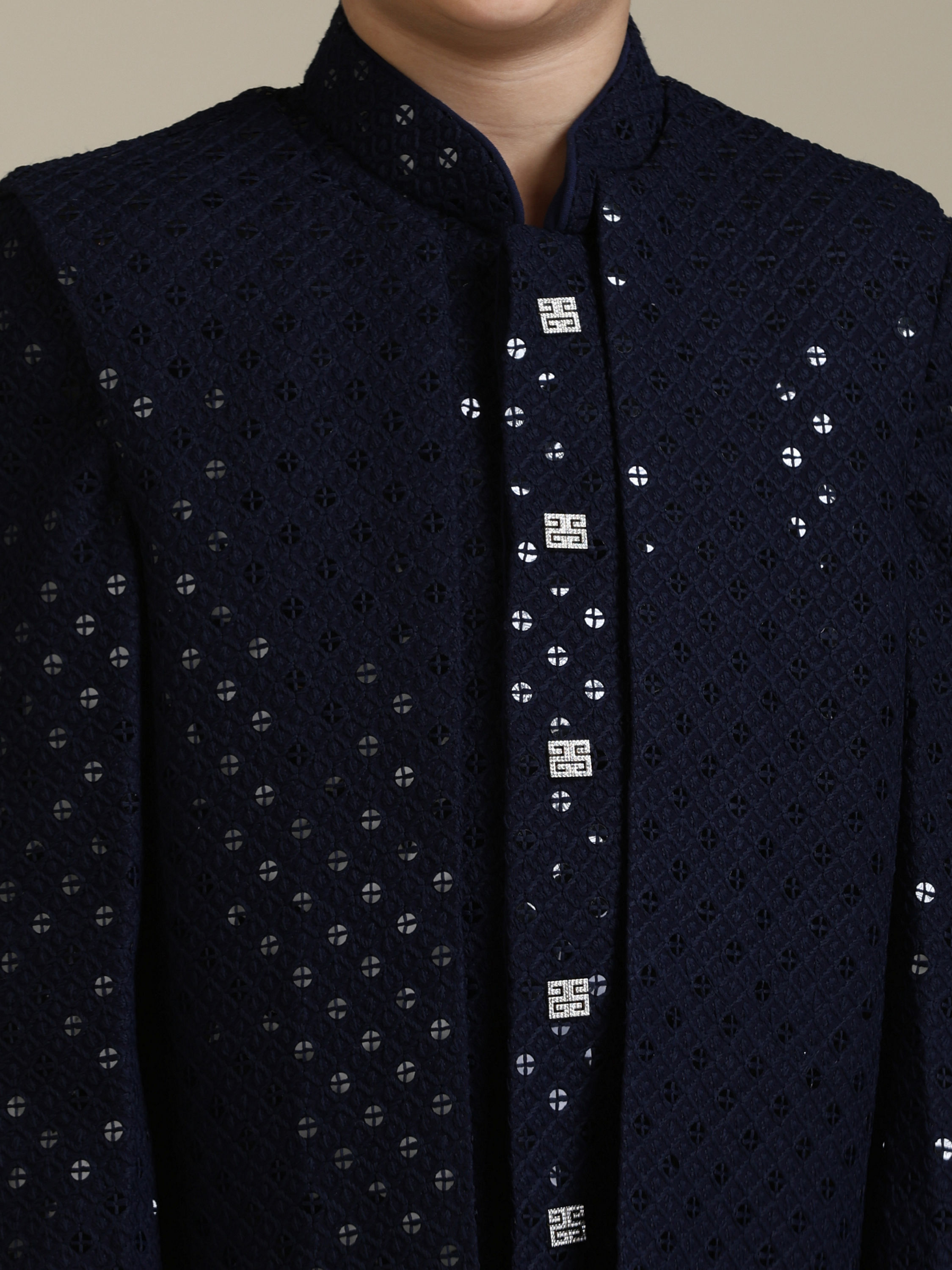 Manyavar Boys Boys Navy Blue Embroidered Indo Western Set with Sequin Work