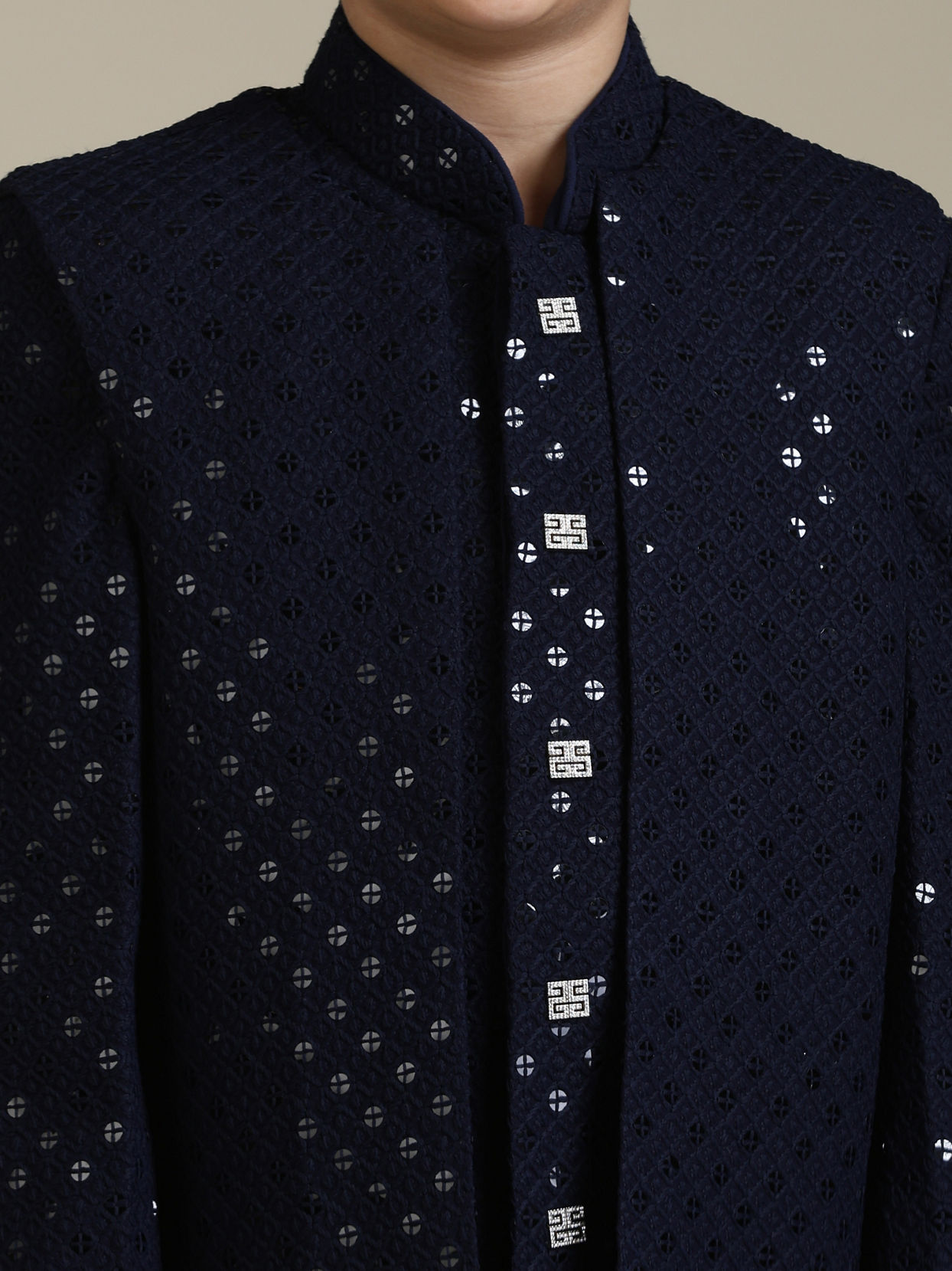 alt message - Manyavar Boys Boys Navy Blue Embroidered Indo Western Set with Sequin Work image number 1