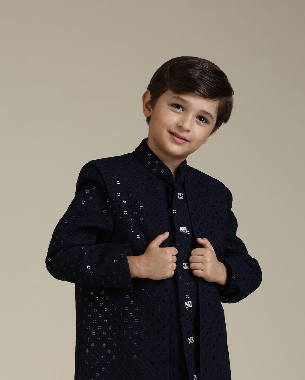 Manyavar Boys Boys Navy Blue Embroidered Indo Western Set with Sequin Work
