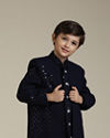 Manyavar Boys Boys Navy Blue Embroidered Indo Western Set with Sequin Work