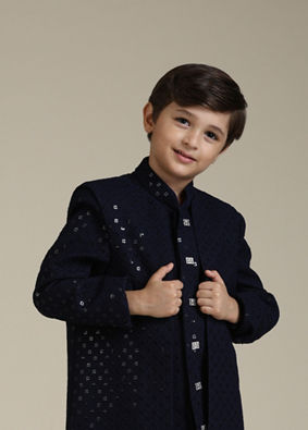 alt message - Manyavar Boys Boys Navy Blue Embroidered Indo Western Set with Sequin Work image number 0