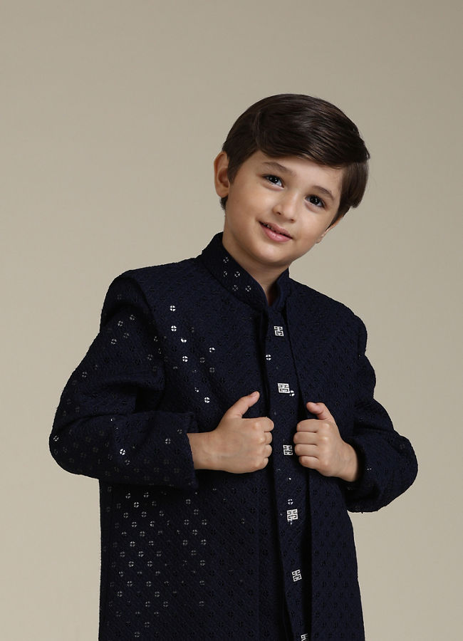 Manyavar Boys Boys Navy Blue Embroidered Indo Western Set with Sequin Work