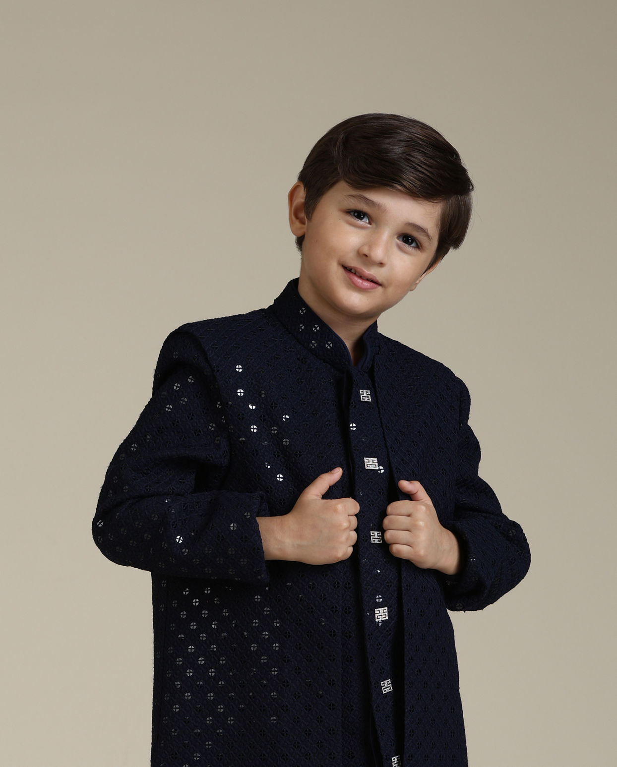 alt message - Manyavar Boys Boys Navy Blue Embroidered Indo Western Set with Sequin Work image number 0