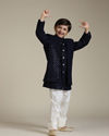 alt message - Manyavar Boys Boys Navy Blue Embroidered Indo Western Set with Sequin Work image number 2