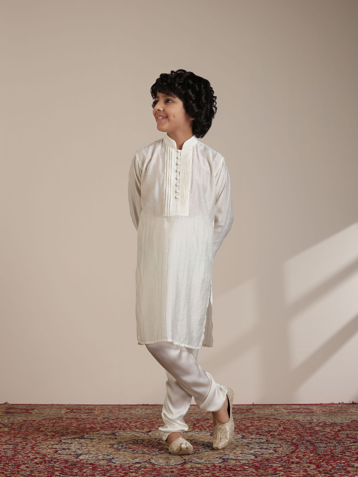 Manyavar Boys Boys Cream Self Patterned Indo Western Set with Mirror work