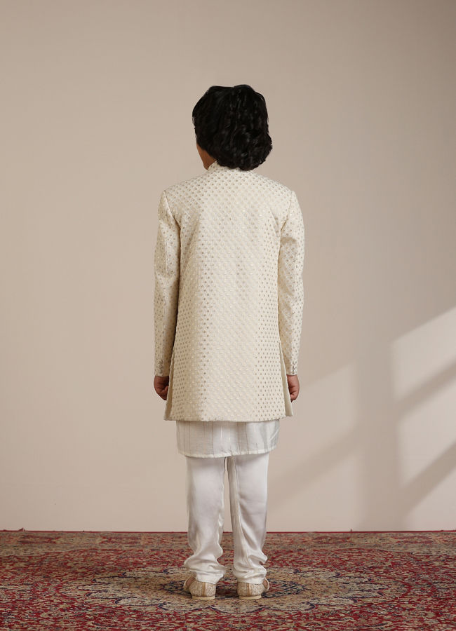 alt message - Manyavar Boys Boys Cream Self Patterned Indo-Western Set with Mirror work image number 5