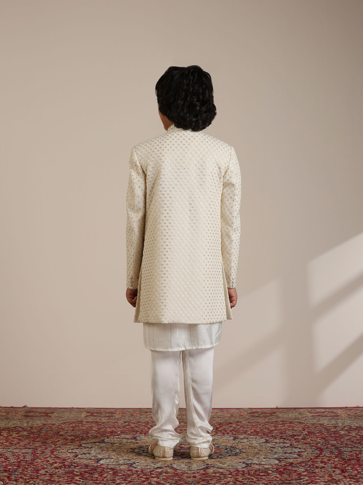 Manyavar Boys Boys Cream Self Patterned Indo Western Set with Mirror work