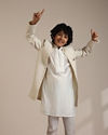 alt message - Manyavar Boys Boys Cream Self Patterned Indo-Western Set with Mirror work image number 3