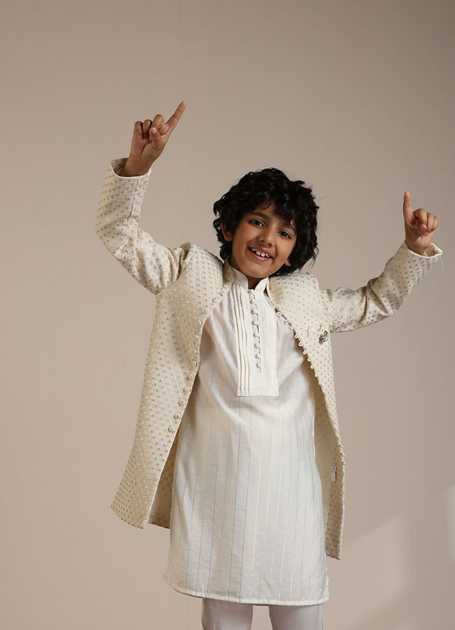 Manyavar Boys Boys Cream Self Patterned Indo Western Set with Mirror work