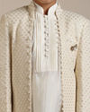 Manyavar Boys Boys Cream Self Patterned Indo Western Set with Mirror work