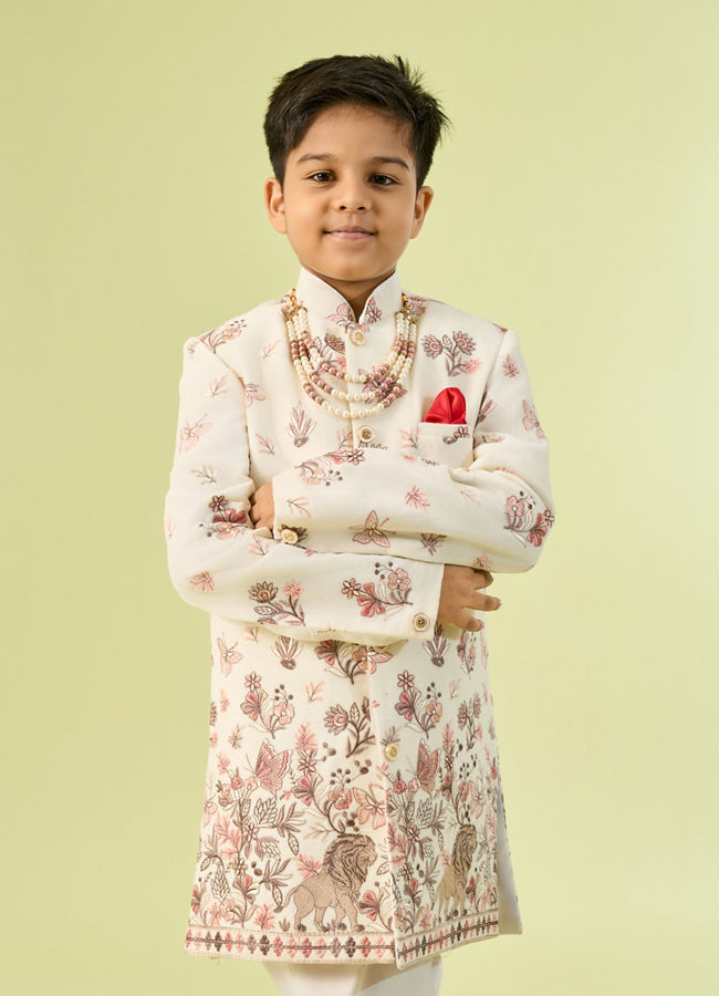 Manyavar Boys Velvety Cream Glory Indo Western