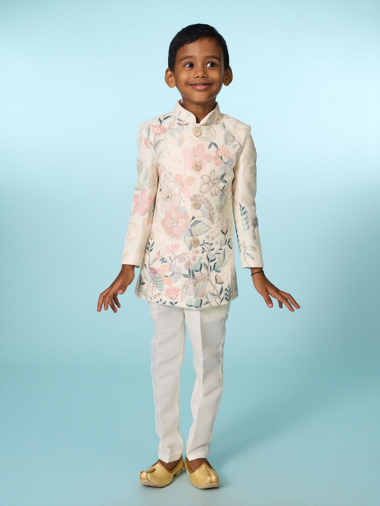 Manyavar Boys Cream Velvet Indo Western