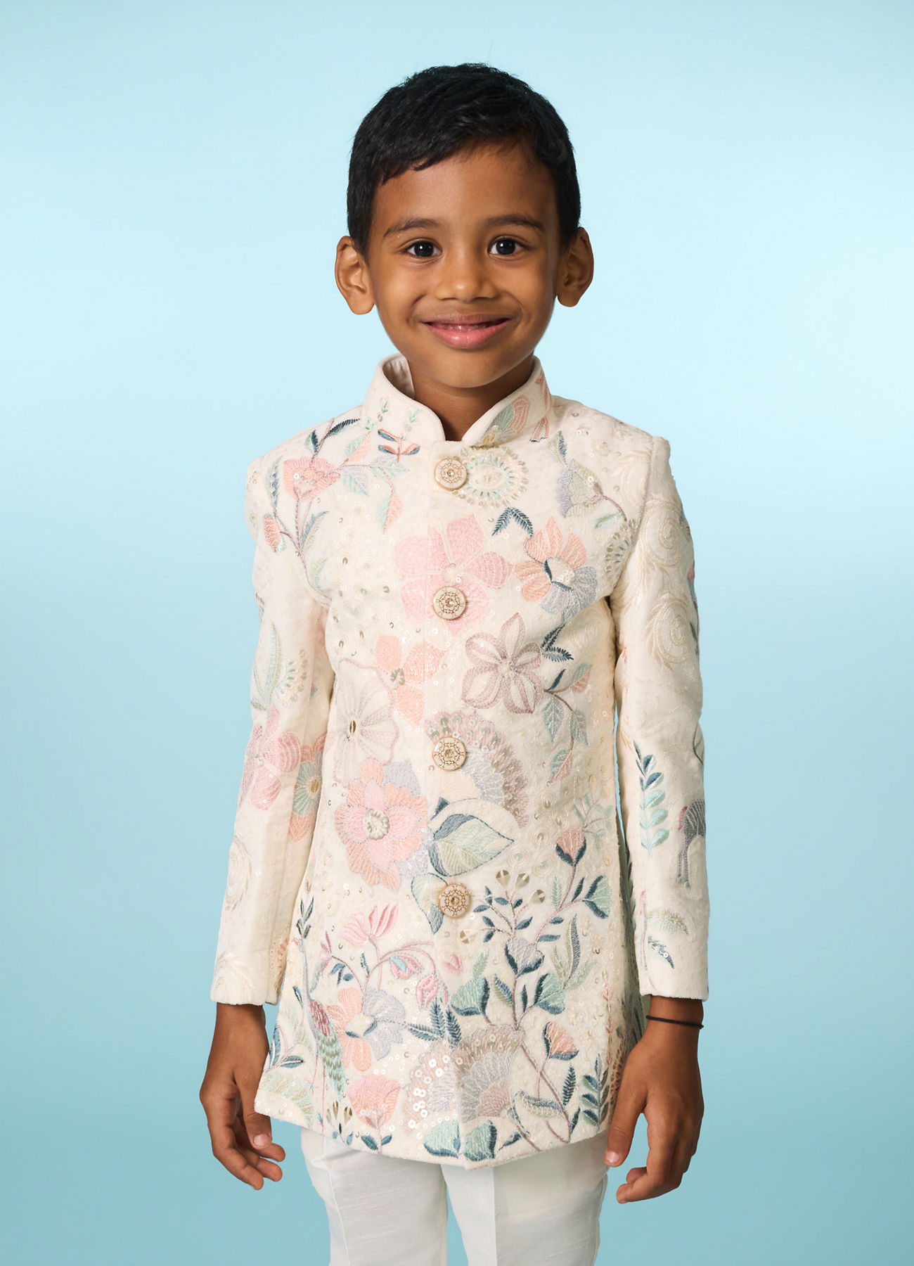 Manyavar Boys Cream Velvet Indo Western