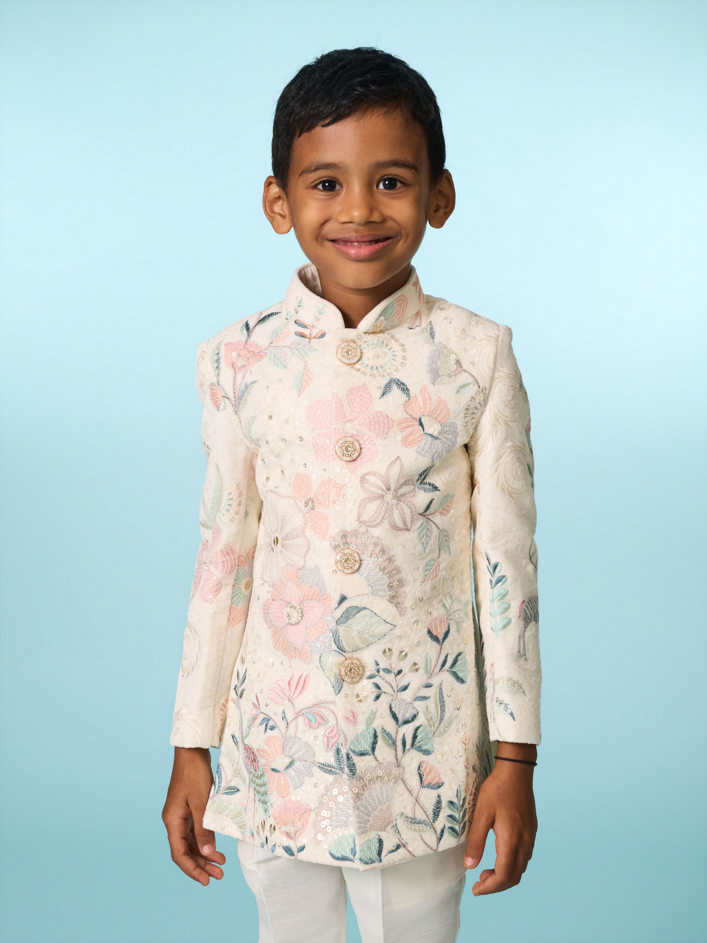 Manyavar Boys Cream Velvet Indo Western