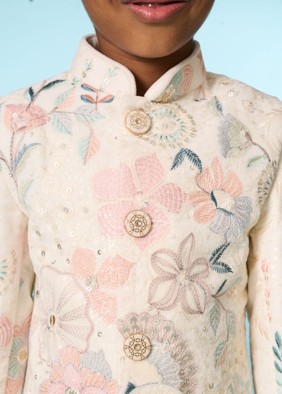 Manyavar Boys Cream Velvet Indo Western