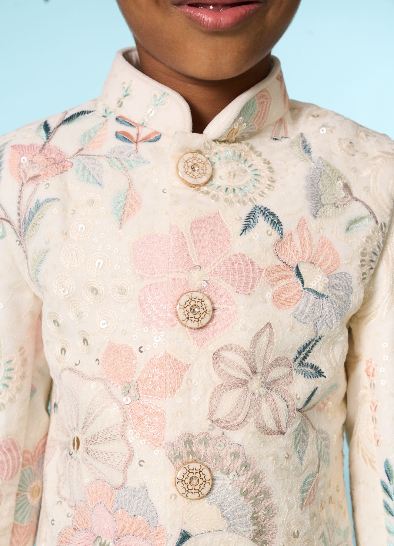 Manyavar Boys Cream Velvet Indo Western