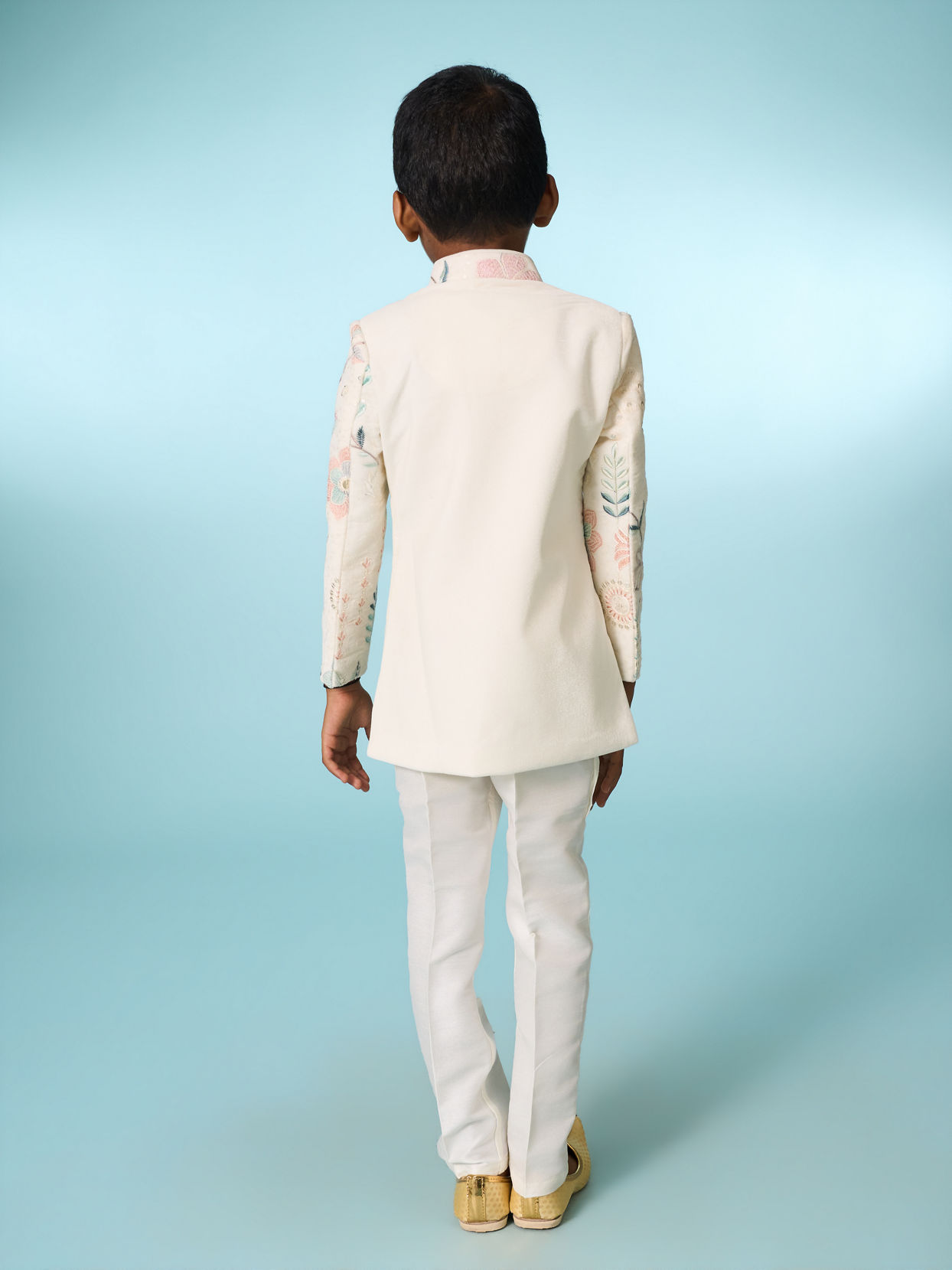 Manyavar Boys Cream Velvet Indo Western