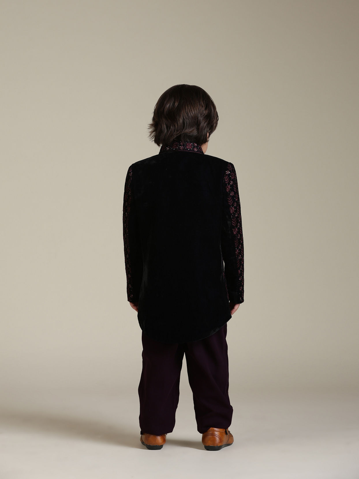 Manyavar Boys Wine Velvet Indo Western with Thread Embroidery