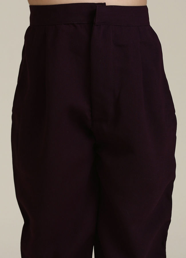 Manyavar Boys Wine Velvet Indo Western with Thread Embroidery