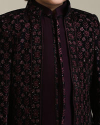 Manyavar Boys Wine Velvet Indo Western with Thread Embroidery