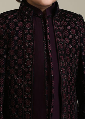 alt message - Manyavar Boys Wine Velvet Boy's Indo-Western with Thread Embroidery image number 1