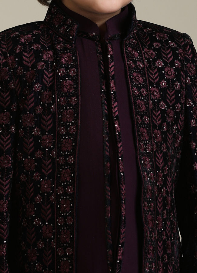 alt message - Manyavar Boys Wine Velvet Boy's Indo-Western with Thread Embroidery image number 1