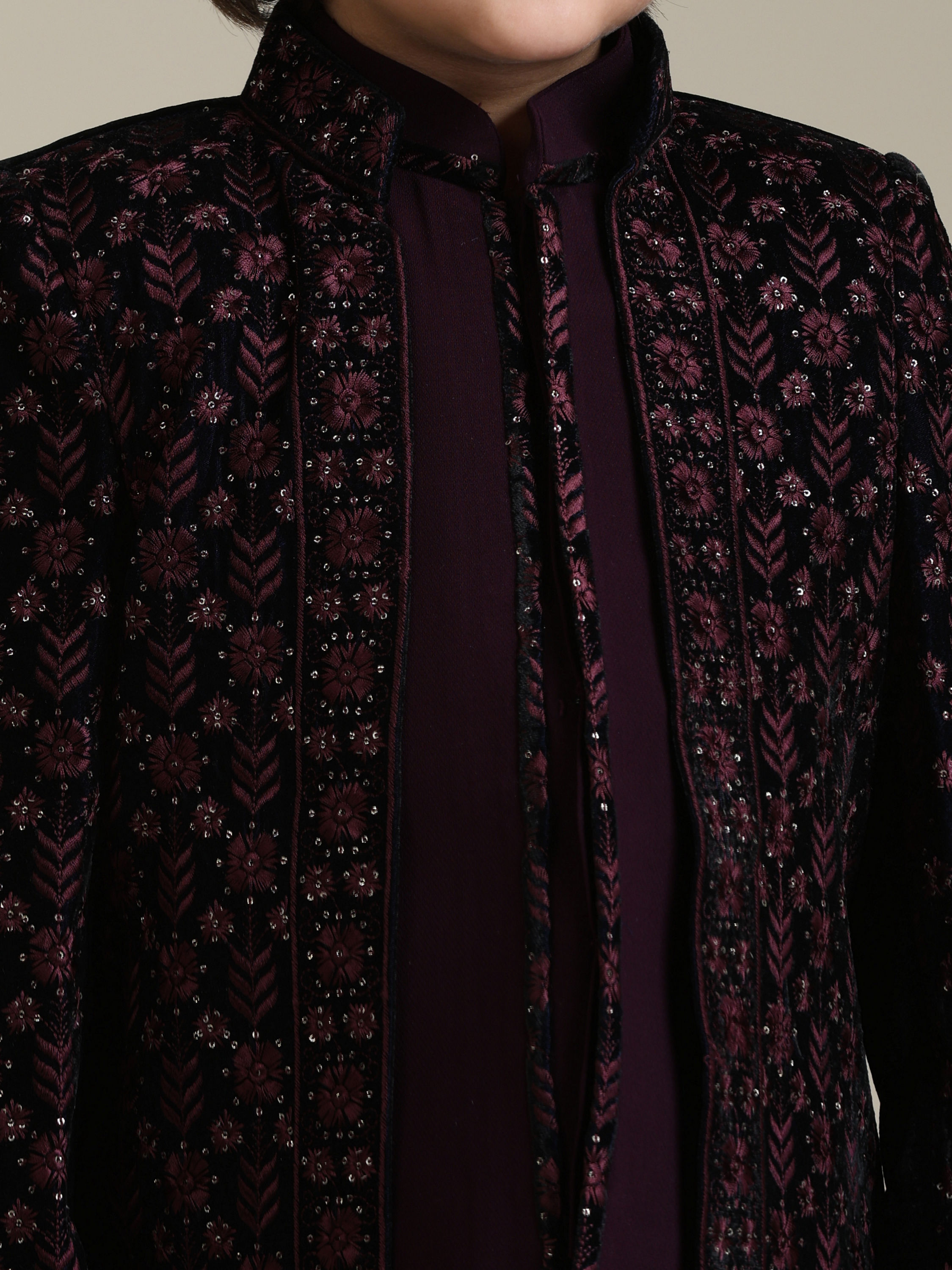 Manyavar Boys Wine Velvet Indo Western with Thread Embroidery