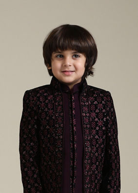 alt message - Manyavar Boys Wine Velvet Boy's Indo-Western with Thread Embroidery image number 0