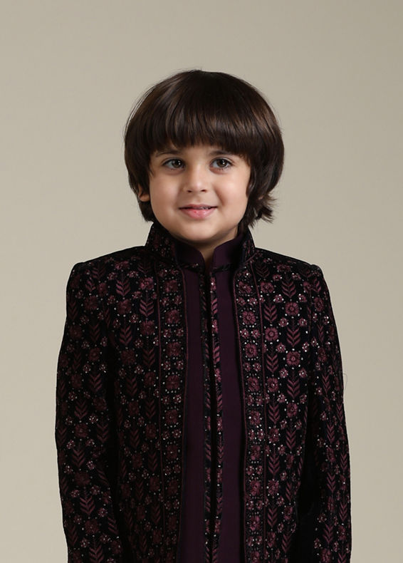 Manyavar Boys Wine Velvet Indo Western with Thread Embroidery