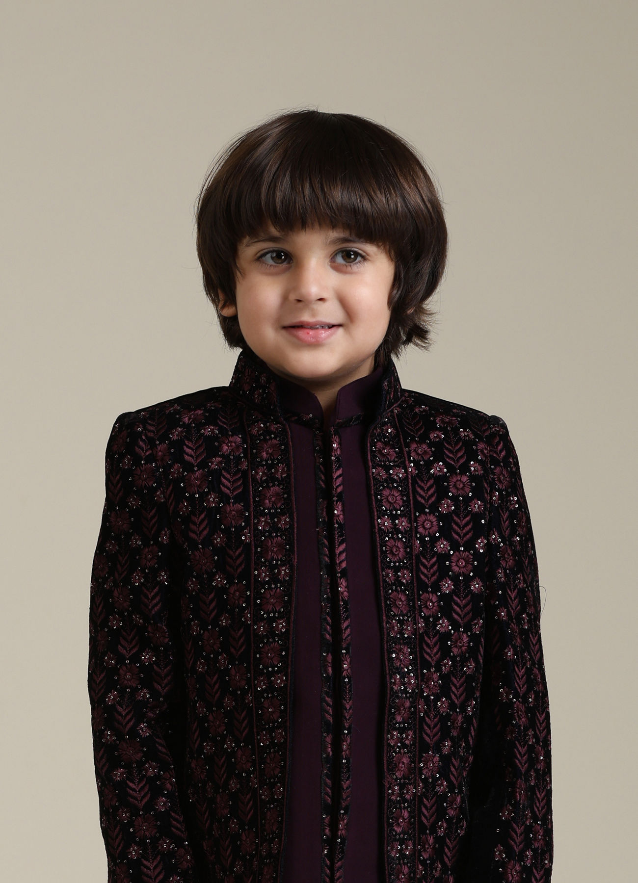 Manyavar Boys Wine Velvet Indo Western with Thread Embroidery