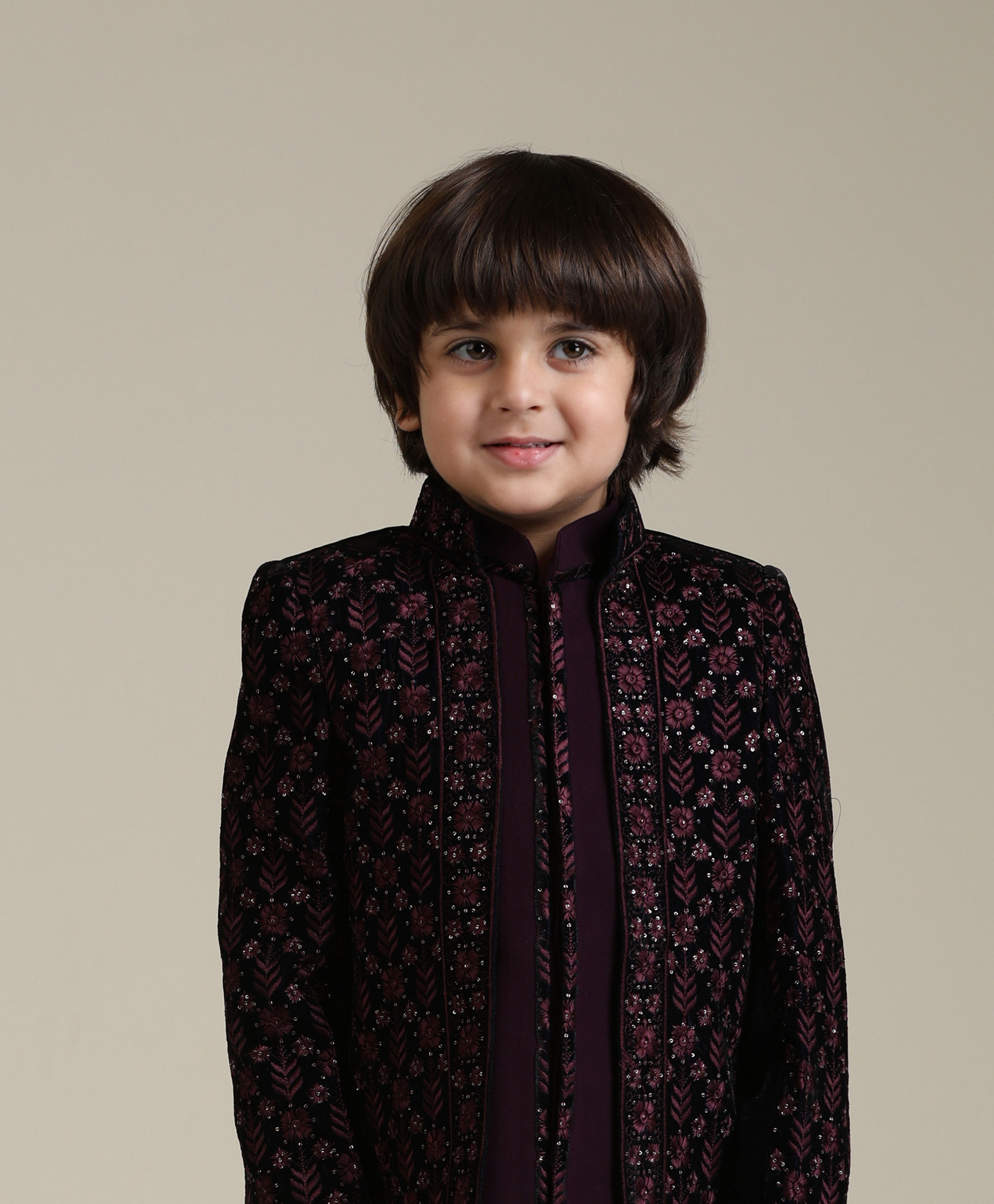 Manyavar Boys Wine Velvet Indo Western with Thread Embroidery