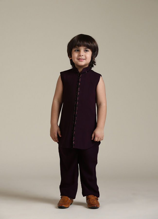 Manyavar Boys Wine Velvet Indo Western with Thread Embroidery