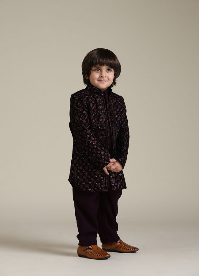 Manyavar Boys Wine Velvet Indo Western with Thread Embroidery